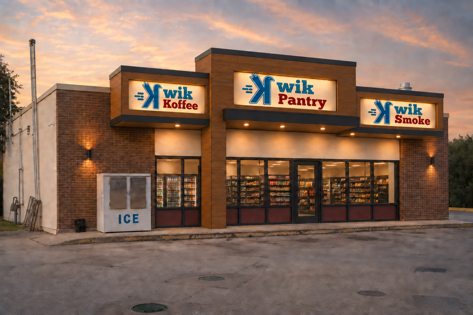 Guilbeau storefront concept at sunset with illuminated Kwik Koffee, Kwik Pantry, and Kwik Smoke signs, each using the dashed K symbol as the first letter in Kwik